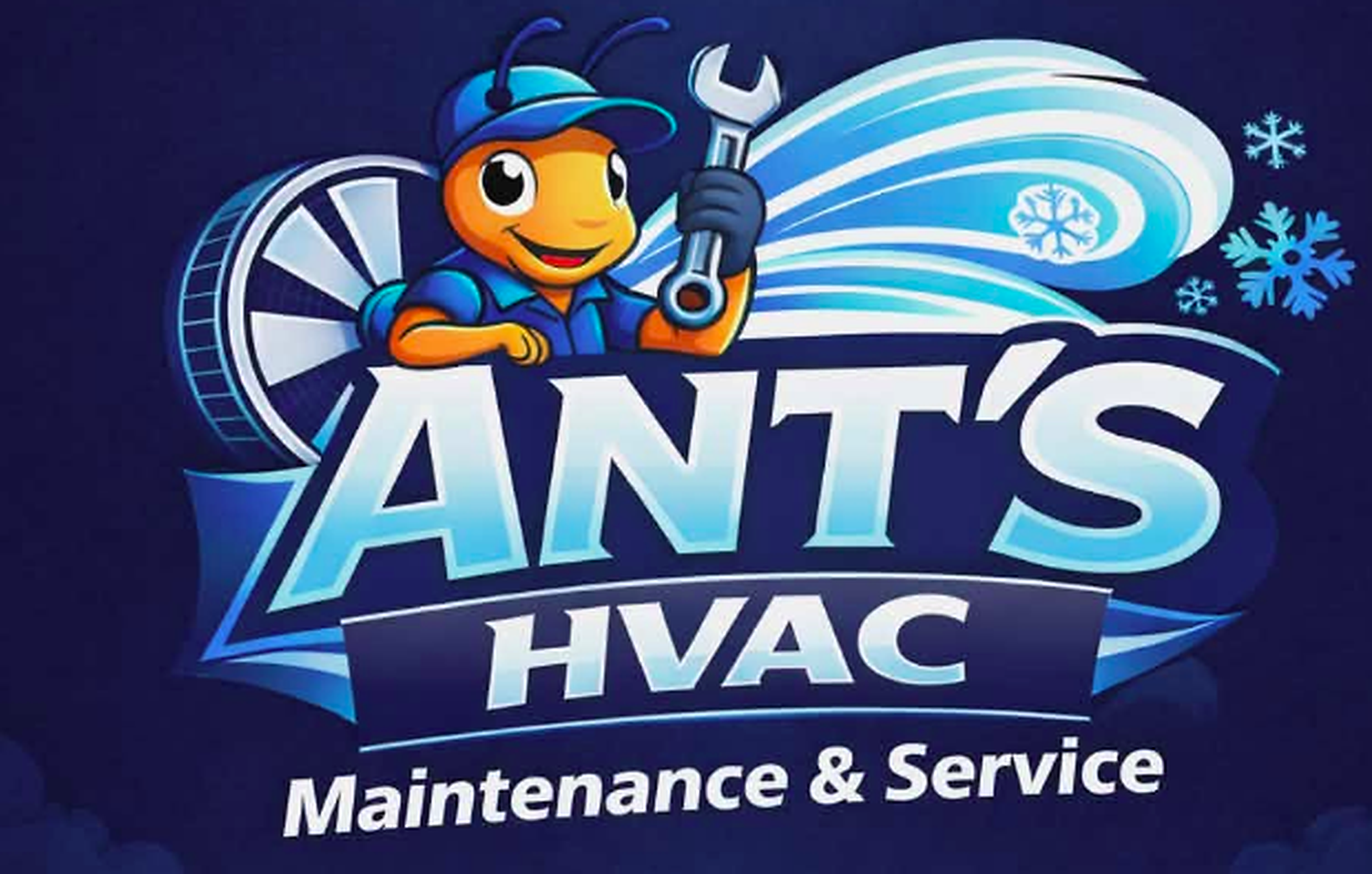 Ant's HVAC Maintenance & Service logo — ant technician mascot with wrench, fan, and snowflakes