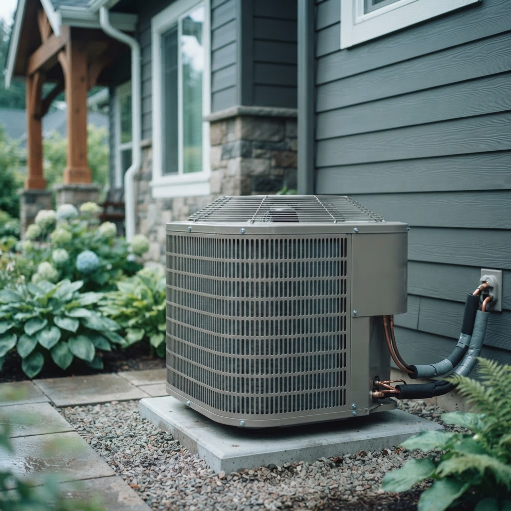 A clean residential air conditioning condenser unit outside a home